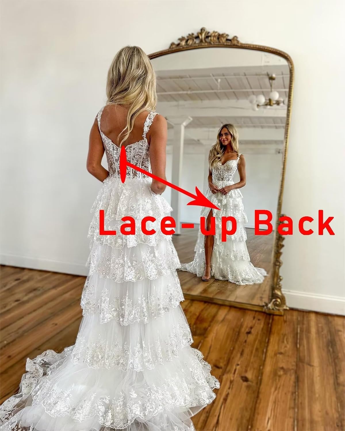 Fivsole Long Lace Tulle Tiered Prom Dress Sparkly Off Shoulder Corset Formal Dresses Evening Party Gowns with Slit