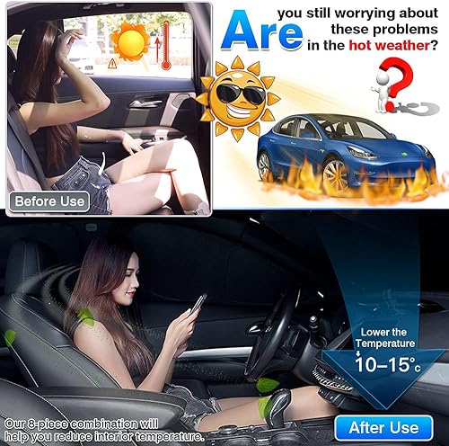 Miniatura 3 de T TGBROS Parasol para parabrisas para Tesla Model 3 2018-2024 2025, parasol grueso con bloqueo UV y opaca, plegable, 7 unidades, mantiene la frescura