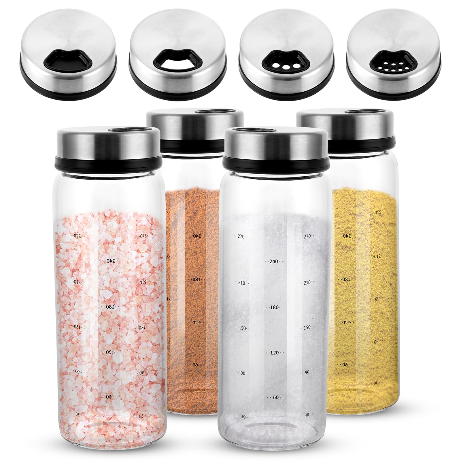 AKOLAFE 4 Piezas Tarros Especias Vidrio Borosilicato 300 ml, Botes con Tapa Giratoria y 4 Tipos de Agujeros para Cocina Barbacoa Salero Pimentero Uso Diario