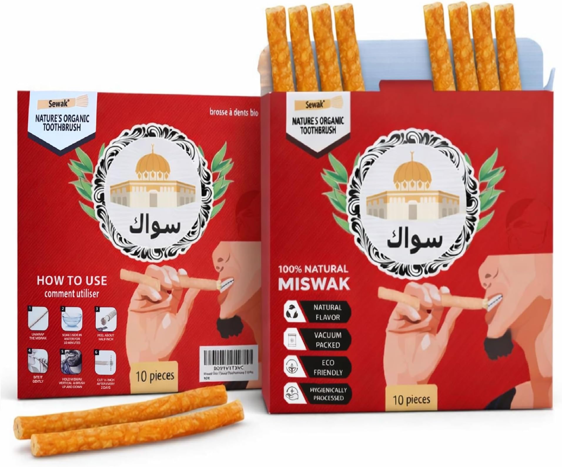 Miswak Sticks for Teeth | Sewak Natural Toothbrush | Siwak Organic Wooden Tooth Brush Oral Teeth Whitener with Holder | Vacuum Sealed (10 Pack)