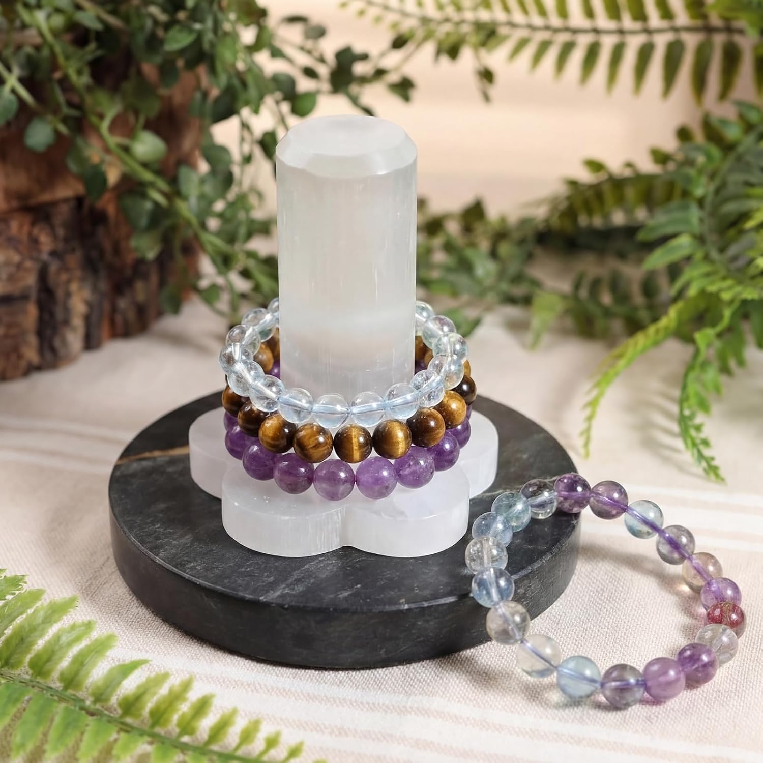 Yookeer Natural Selenite Bracelet Holder Display Stand Crystal Healing Jewelry Holder Selenite Cube Tower for Crystal Lovers Jewelry Wrap Organizer Shelf Bangles Charging Clean