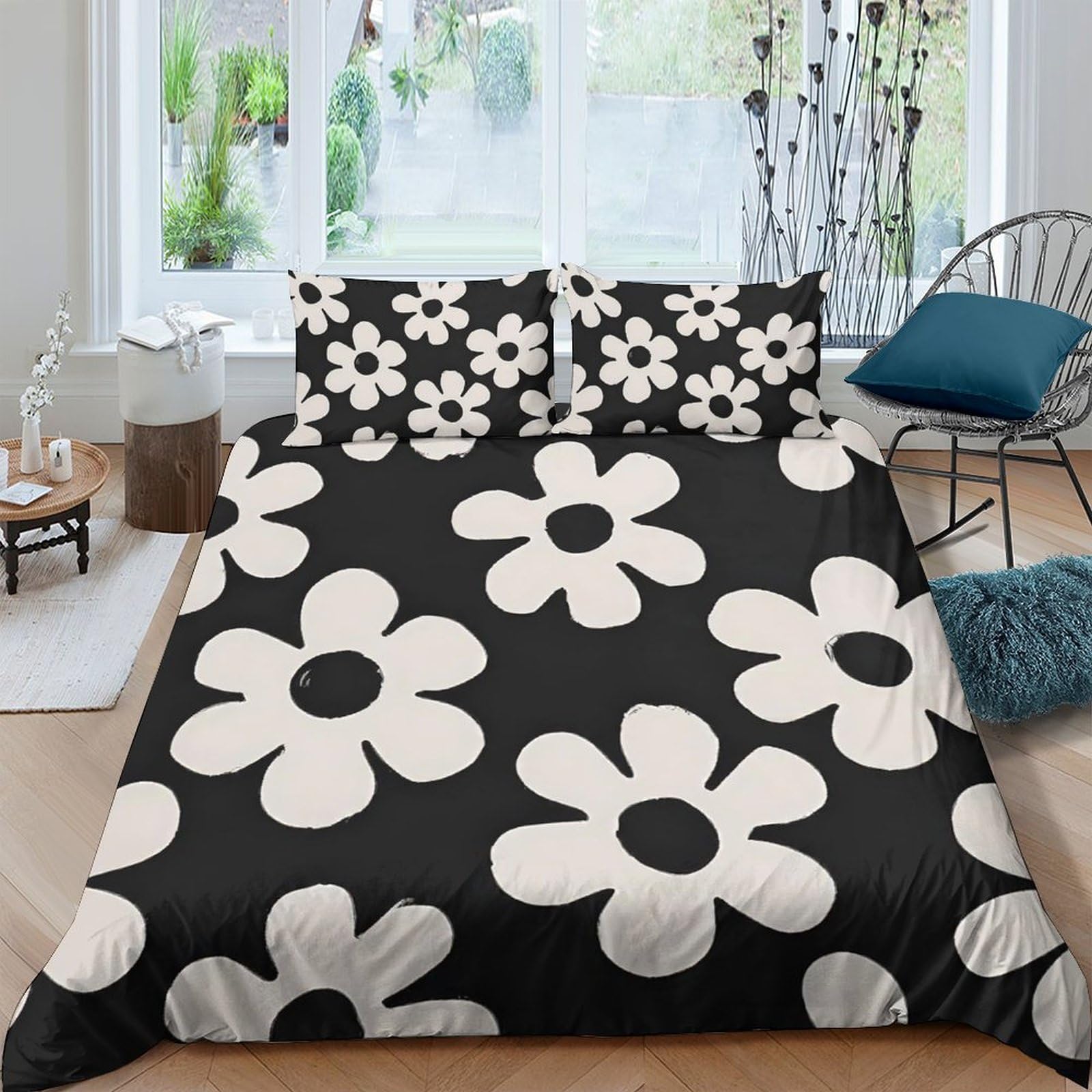 Ctjqhvkz Style-6 3D Printed Black White Floral Fitted Sheet Microfiber Soft Breathable Daisy Bed Cover For Bedroom Guest Room Dorm Decor Single（135X200cm）