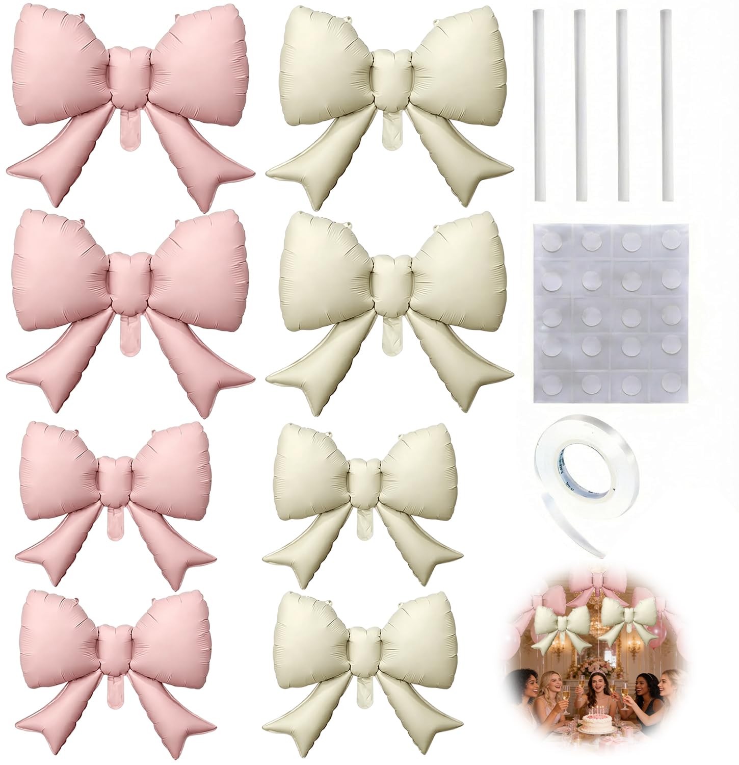 8 Pcs Large Pink and Cream Bow Balloons, Foil Balloons Kit with Ribbons & Glue Dots, Elegant Coquette Party Decorations for Birthday, Bridal Shower, Wedding, Engagement Ceremony