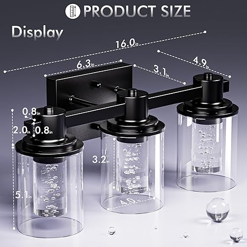 Miniatura 6 de Quntis Lámpara de baño de 3 luces, color negro, de 17.5 pulgadas, con pantalla de cristal de burbujas, 2700-6500 K, moderna lámpara LED de baño