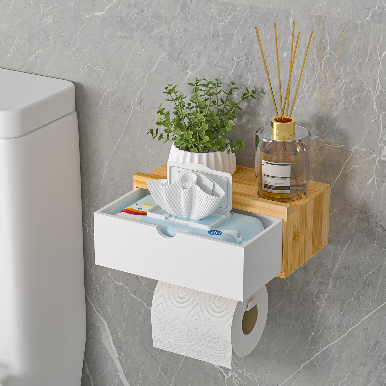 Toilettenpapierhalter Ohne Bohren, Klopapierhalter mit Feuchttücherbox Klorollenhalter mit Ablage Bambus Papier Halterung für WC Badezimmer, Selbstklebend or Bohren Natur