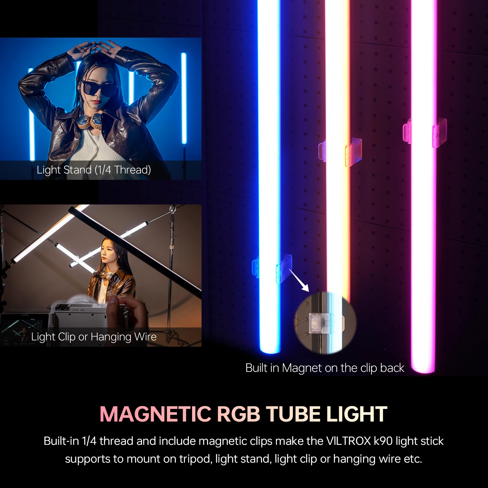 VILTROX K90 2-pak światła LED RGB, 30 W, 96,5 cm duża laska LED RGBWY do fotografii i wideo z aplikacją/2.4G/pilotem, CRI 97+, 26 scen, 2500K-8500K, bateria 14,8 V/3300 mAh, magnetyczny chip