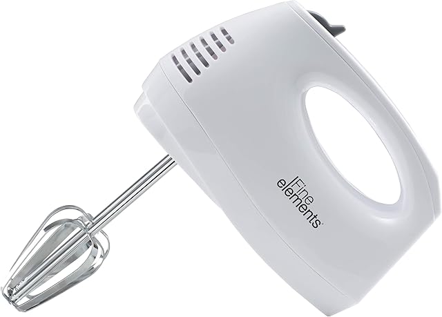 Fine Elements SDA1778 Hand Mixer with Two Stainless Steel Whisks and Flat Beaters (150W/220-240V/50-60Hz) Five Speed Selection, One Button Ejection, Compact Design, Robust & Easy-Clean- (White)