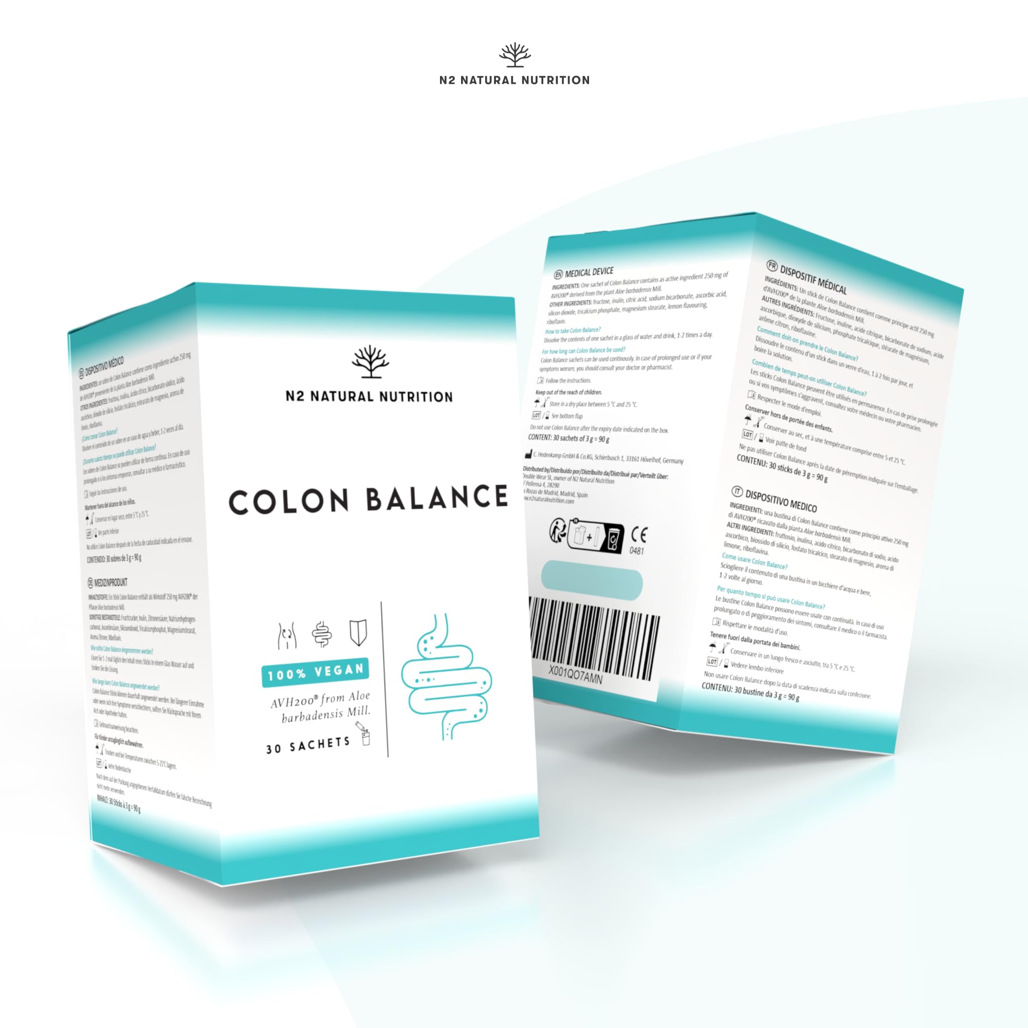 Colon Balance. Syndrome du Côlon Irritable (SCI). Aloe Barbadensis 250 mg. Développé avec l’Université de Göteborg. Traitement 30 jours. Ballonnements et douleurs abdominales. CE. N2 Natural Nutrition