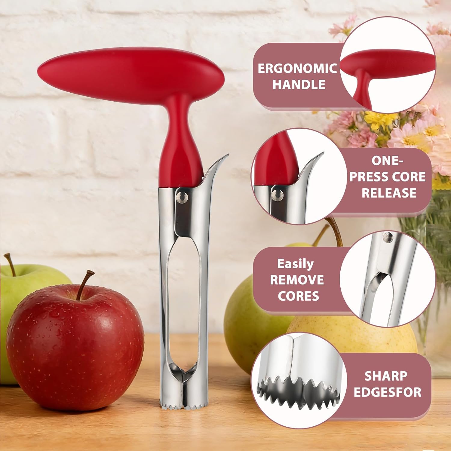 Premium Apple Corer Tool, Apple Core Remover with Sharp Serrated Blades, Ergonomic Handle & Stainless Steel - Easy Push for Quick Coring, Fruit Core Remover for Apples, Pears, Peppers