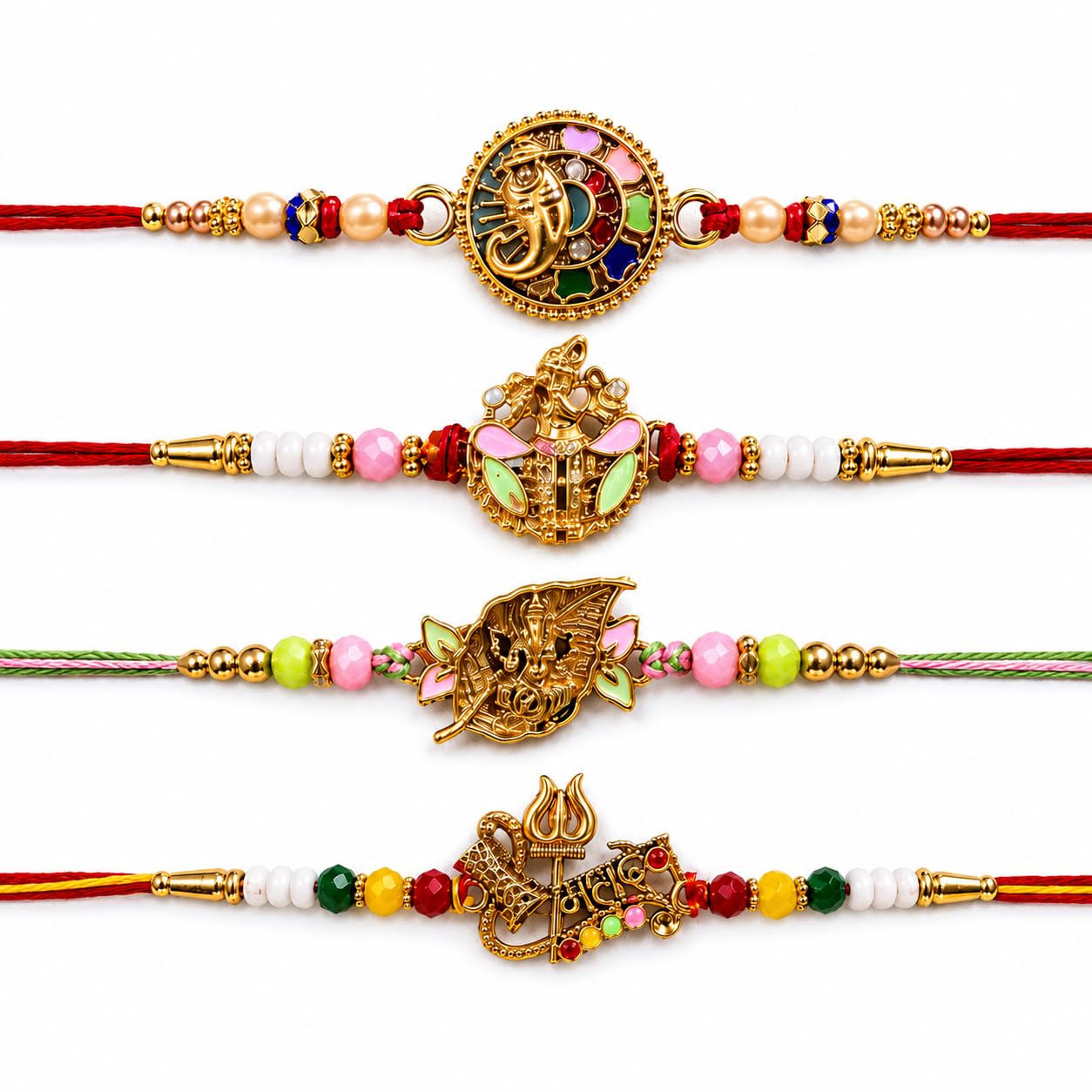 Designer Divine Rakhi Combo Pack of 4 for Brother, Premium Ganesha Krishna Ram Rakhi Collection, Handmade Traditional Raksha Bandhan Gift Thread-image-0