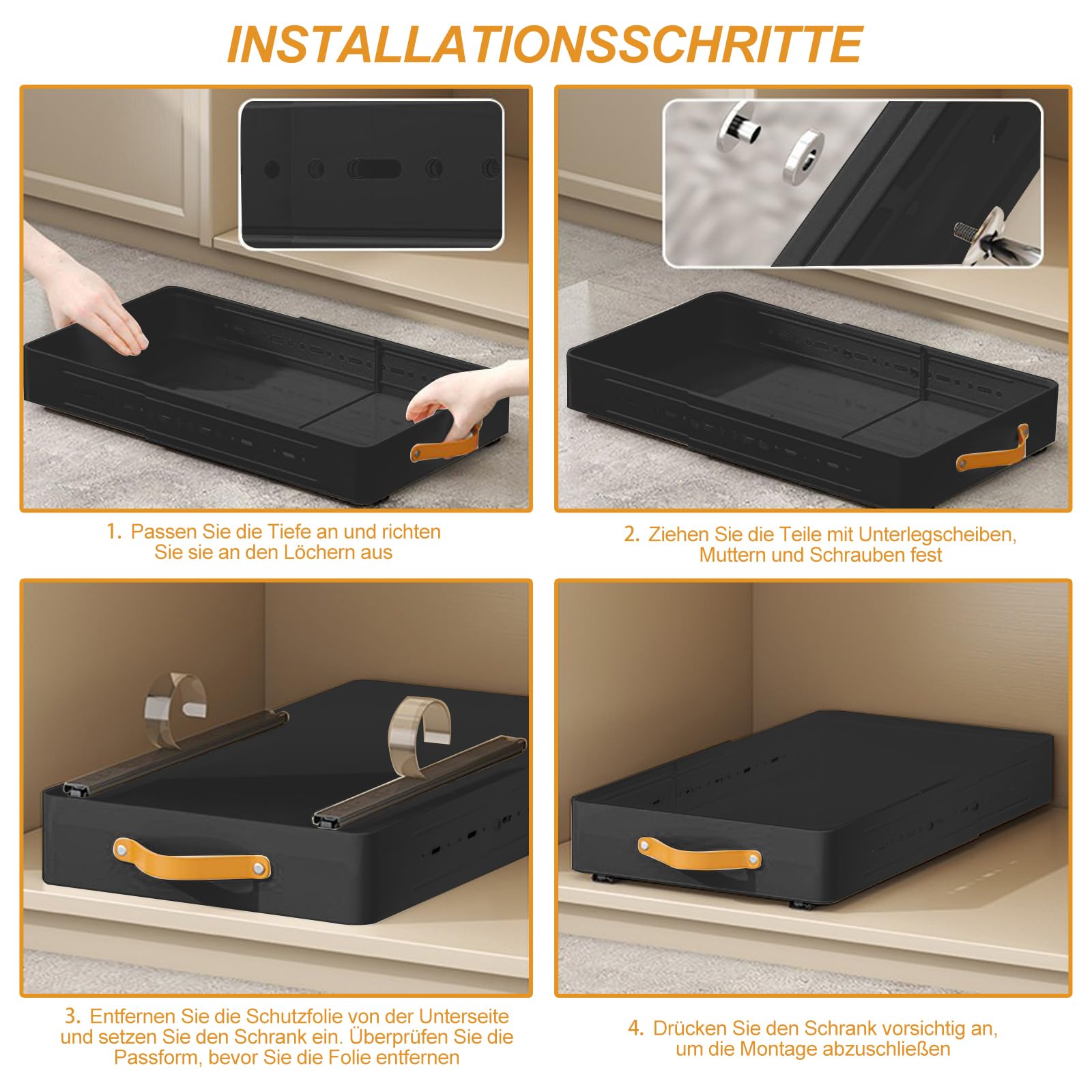 Teleskopschublade - Tiefe Einstellbar 41-60CM Tief x 25CM Breite x 7.8CM Höhe, Ausziehbare Schublade Küche Große Metall Slide Out Organizer Mit Griff, Organizer Ausziehbar Für Küche Badezimmer Schwarz