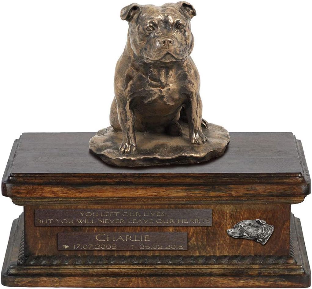 Art-Dog Custom Dog Sitting Statue Memorial Urn - Handmade Cold Cast Bronze on Birch Base – Sturdy and Stylish Urn for Dog’s Ashes – 8.3x11.4x8.7 – 5l – Staffordshire Bull Terrier II