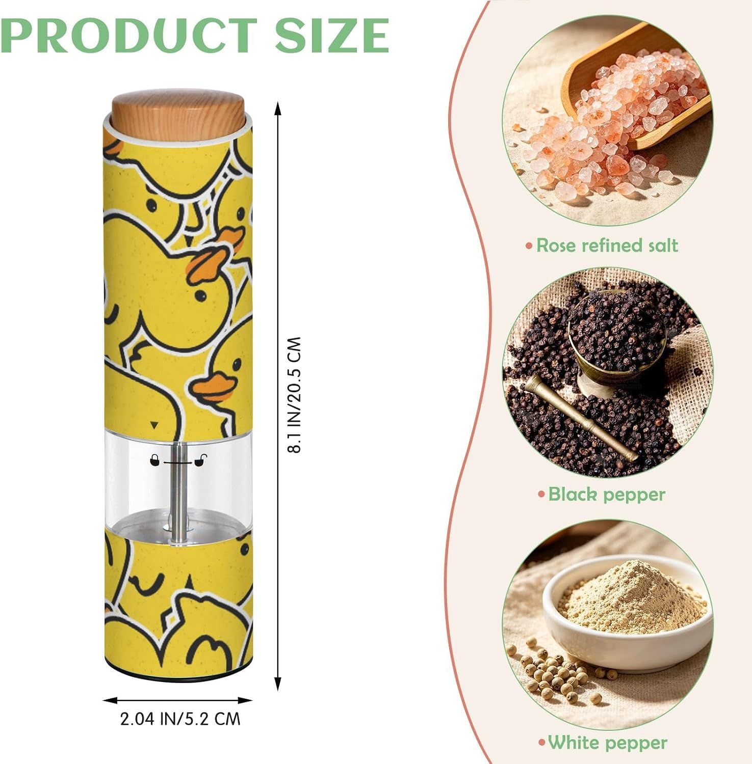 ALAZA Electric Pepper Grinder with Adjustable Coarseness, Cartoon Yellow Duck Cute Animals Battery Automatic Salt and Pepper Mill with Led, One-Handed Operation Spice Grinder for Kitchen, Camping & BB