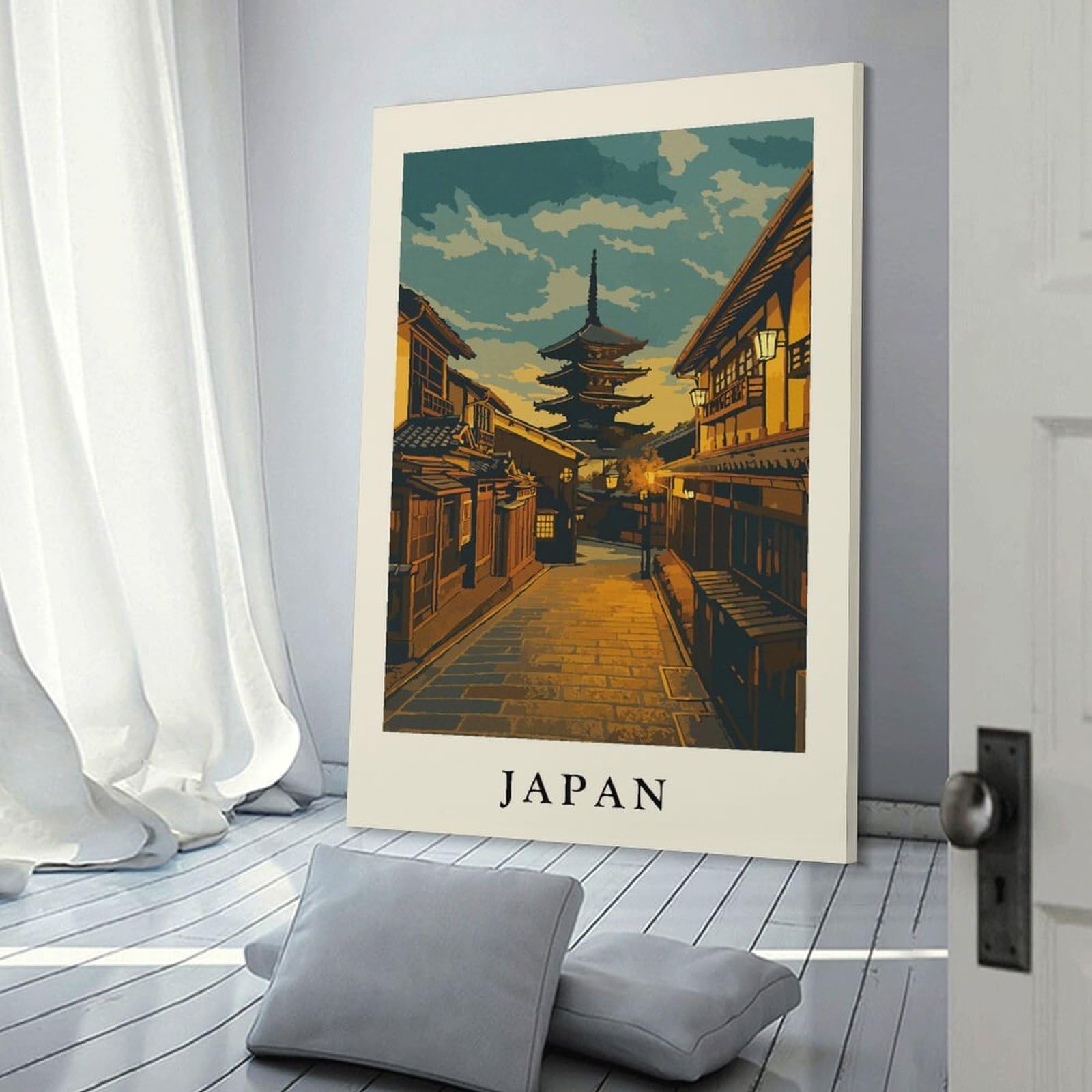 Junmoney Japanese Pagoda Street Scene Illustration Wall Picture Print 24x36inch(60x90cm), for Corridors, Hallways Or Apartment Entries, Wall Decor to Refresh Empty Corners