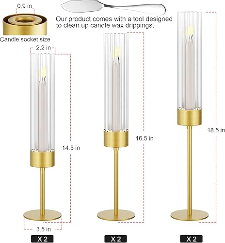 Miniatura 2 de Juego de 3 portavelas de cristal Hurricane, portavelas alto de alta calidad, elegantes portavelas estriados para decoración de bodas, fiestas,