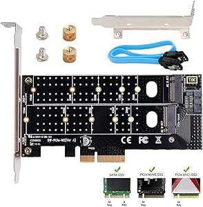 QNINE Dual M.2 PCIe Adapter, M.2 NVME SSD M Key or M.2 SATA SSD B Key 22110 2280 2260 2242 2230 to PCIe 3.0 x4 Host Controller Expansion Card with Low Profile Bracket for PC Desktop