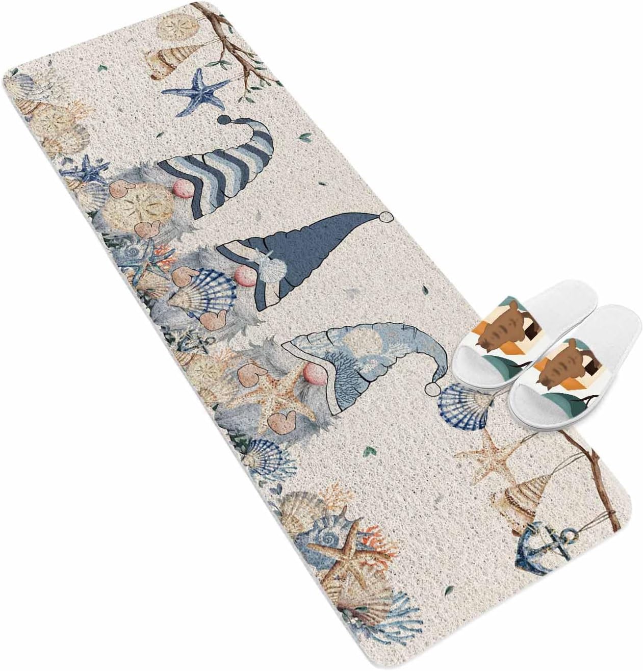 Summer Gnome Non-Slip Bathtub Mat, Ocean Shell Starfish Retro Linen PVC Bath Mat for Tub Quick Drying Shower Mats for Inside Shower, Foot Scrubber Loofah Bathroom Mats 47x16 Inches