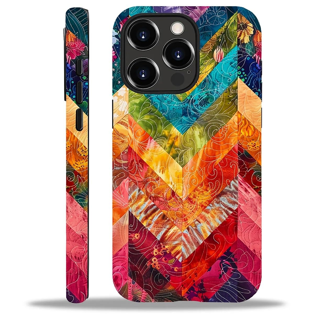 WANKBLC Compatible with iPhone 15 Pro Matte Case, Colorful Patchwork Quilted Chevron Pattern for Girl Full Body Design Soft Silicone Drop Shock