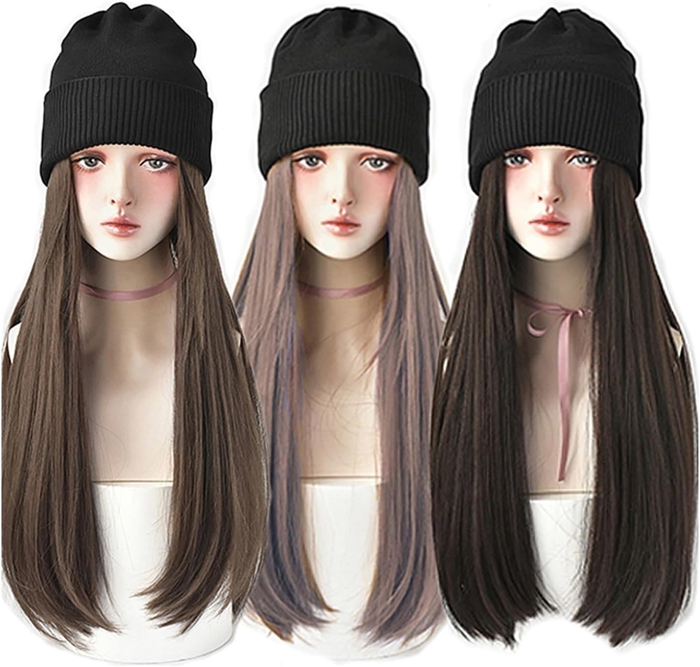EARSHOT Wig Cap Long Straight Hat Wig Synthetic Hair Wigs Black Brown Pink 24 Inch Natural Adjustable Hat Wig for Girl Party Headband Wig Human Hair (Color : 4)