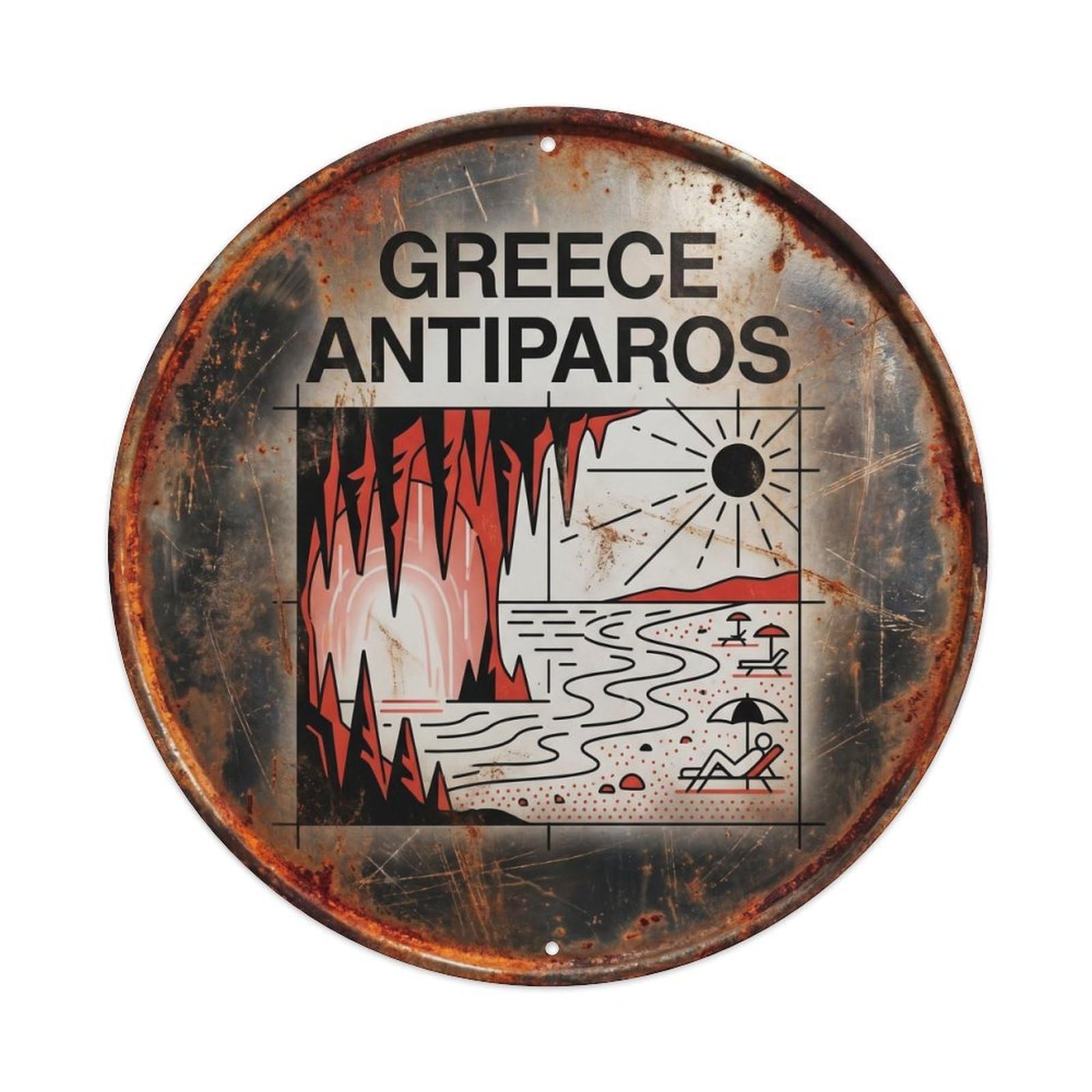 Antiparos Caves Greek Grid Style Coastal Travel Vintage Metal Tin Sign Plaque Wall Decor for Cafe, Club Bar, Office, Garden Metal Poster 8x8Inch