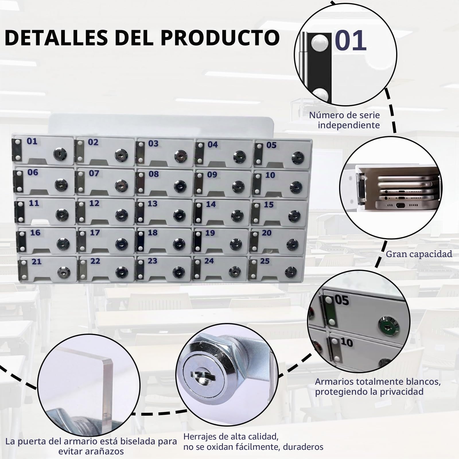 Armario de Almacenamiento para Teléfono Móvil, 25 Compartimentos Acrílico Caja Almacenamiento Personal, Montado en la Pared Cabine Téléphonique con Cerradura y Puerto de Carga para Escuelas, Oficinas