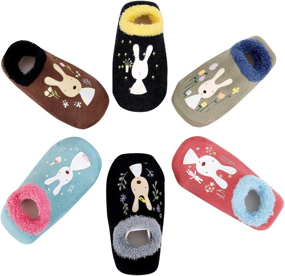 Estwell 6 Pairs Baby Infants Toddler Socks Cotton Non Slip Kids Cartoon Cute Animal Socks with Grips