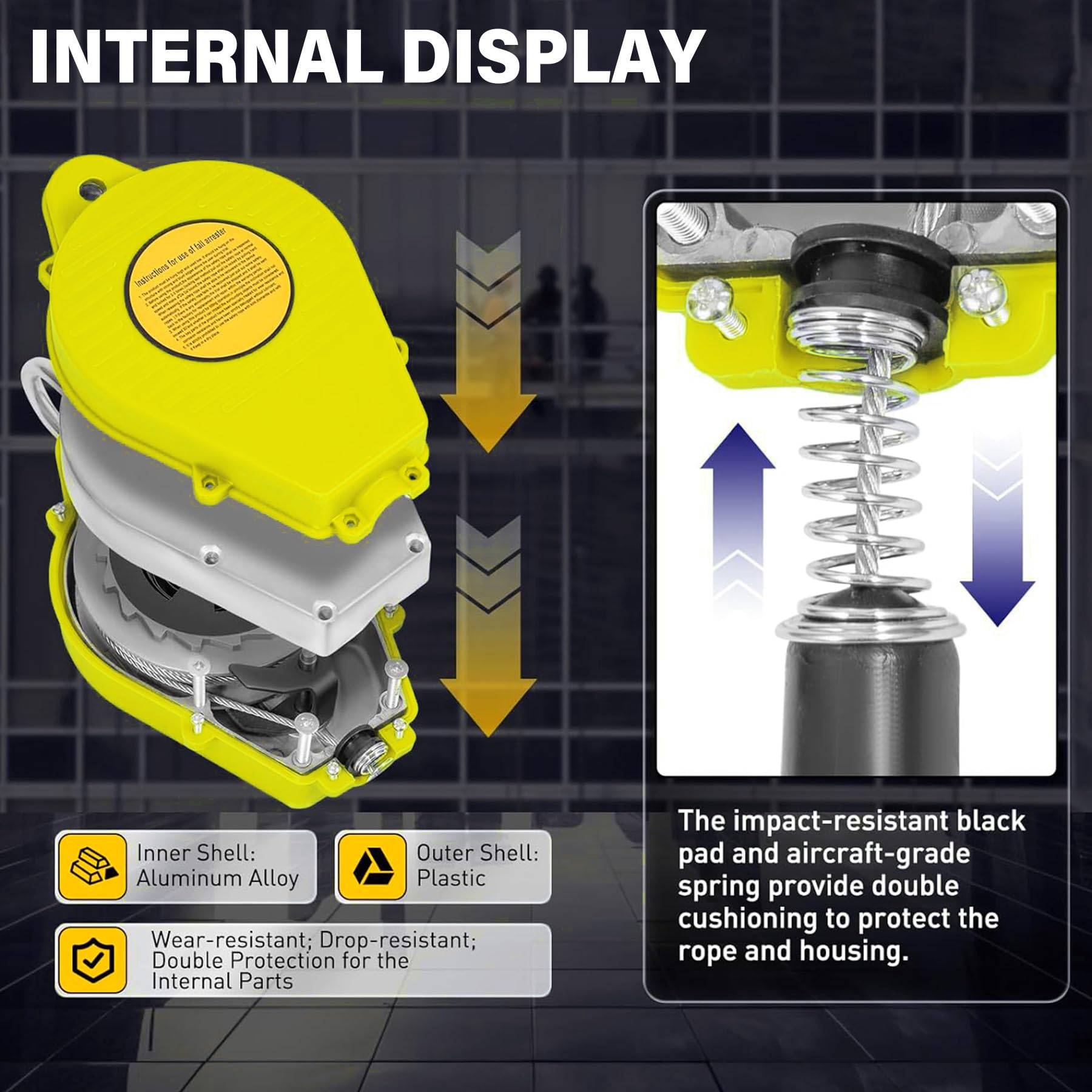 Dispositivo Anticaidas Retráctil, 3-20m Anticaidas Retractil Seguridad Homologado con Gancho Autoblocante, Amarillo Linea de Vida Retractil para Techado y Construcción, Carga:150kg (10m)