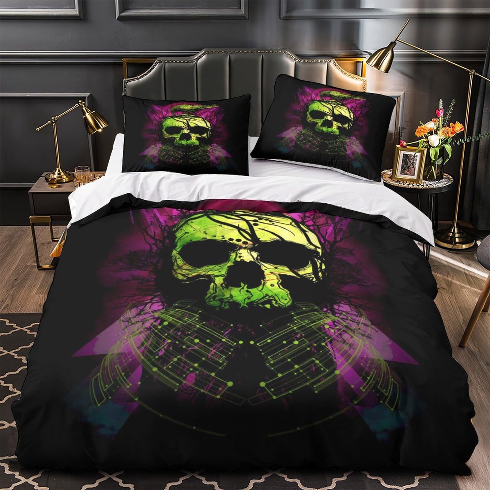 Housse de couette crâne imprimé 3D parure de lit ado 140x200 microfibre