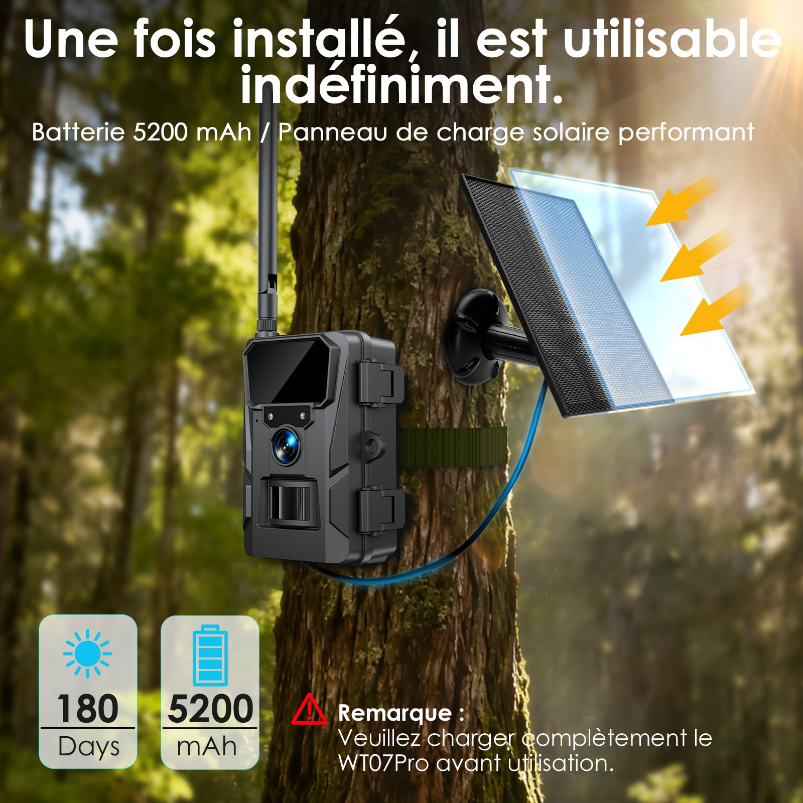 WOLFANG Caméra de Chasse cellulaire 4G LTE à énergie Solaire, caméra de Chasse 2K 48 MP avec Batterie 5200 mAh, écran de 2,0", contrôle par Application, Vision Nocturne, déclencheur de Mouvement de