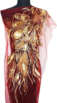 rhinestone applique,beaded applique, Sequin Embroidered Phoenix Peacock Feather Black Tulle Wedding Gown Applique Lace Trim Sewing Patch Dress DIY Costumes  Color Gold , Size 15.75*25.59in