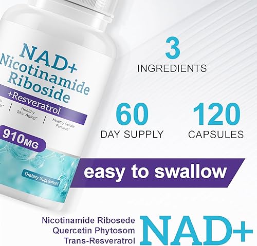 Miniatura 8 de Suplemento NAD para hombres y mujeres  Ribosida de nicotinamida liposomal, quercetina, suplemento NAD+ con resveratrol 910 mg  Apoya músculo,