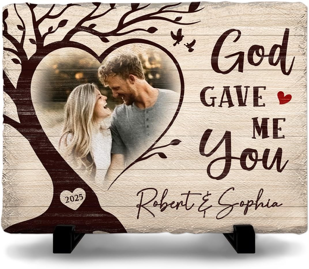 God Gave Me You Rock Photo Plaque - Personalized Picture Plaque, Christian Couple Gift for Wedding, Anniversary, Valentine’s Day, Romantic Keepsake
