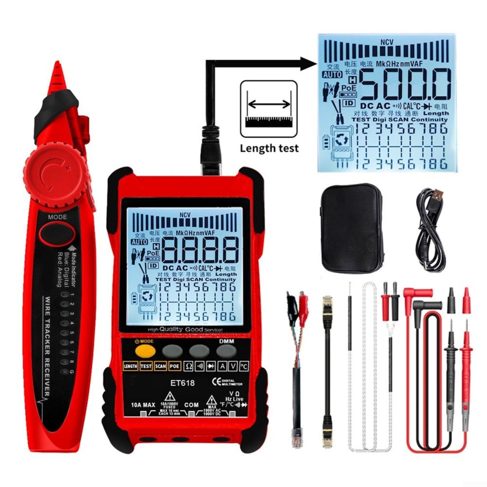 Netzwerk LAN Kabeltester ET618 Mit Multimeter 600M Laengenmessung für poe Pruefung NCV Spannungsmessung Zur Fehlersuche An Patchkabel BNC Telefonleitung In IT Werkstatt Gebaeudetechnik