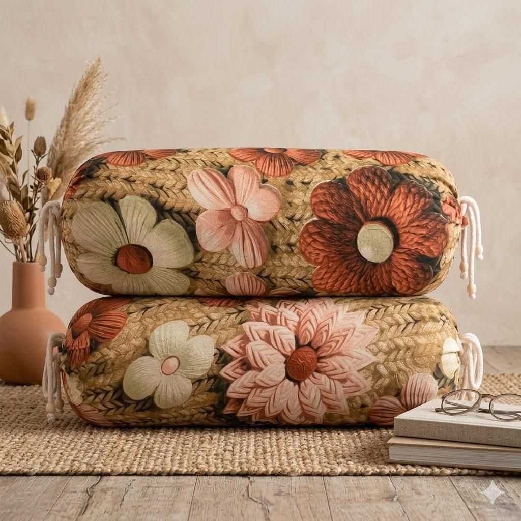 Floral Bolster Cover Set of 2, Decorative Cylindrical Cushion Covers with Drawstring Closure, Soft Printed Round Pillow Covers for Sofa, Bed & Living Room, Beige Floral Design-picture-26