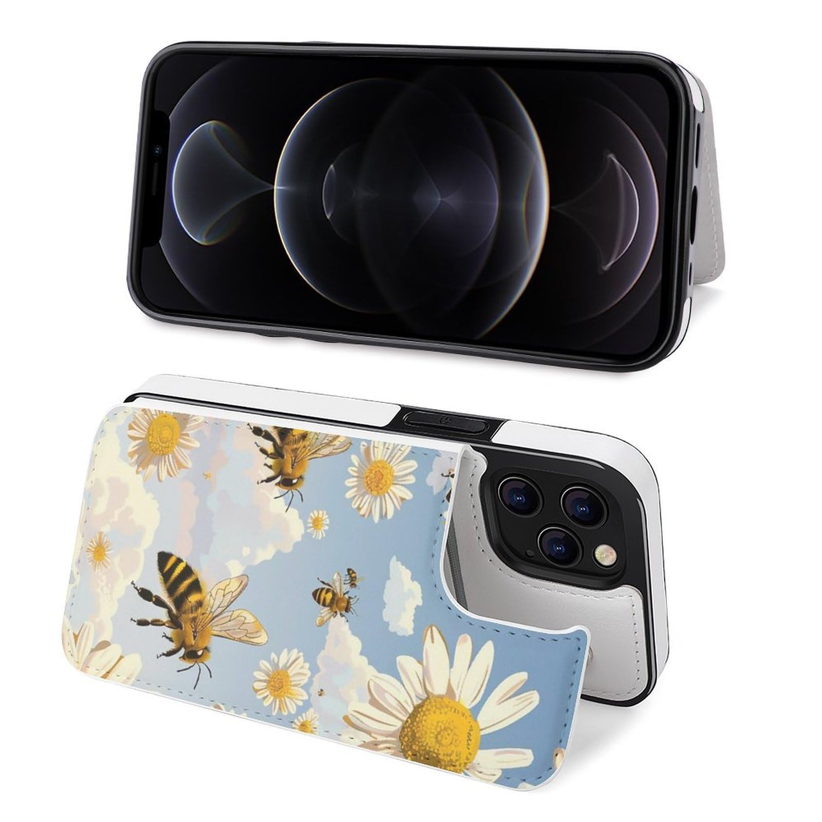 Fundas tipo cartera para iPhone 12 Pro Max, diseño de abejas voladoras con estampado de margaritas y miel, funda de piel con ranuras para tarjetas
