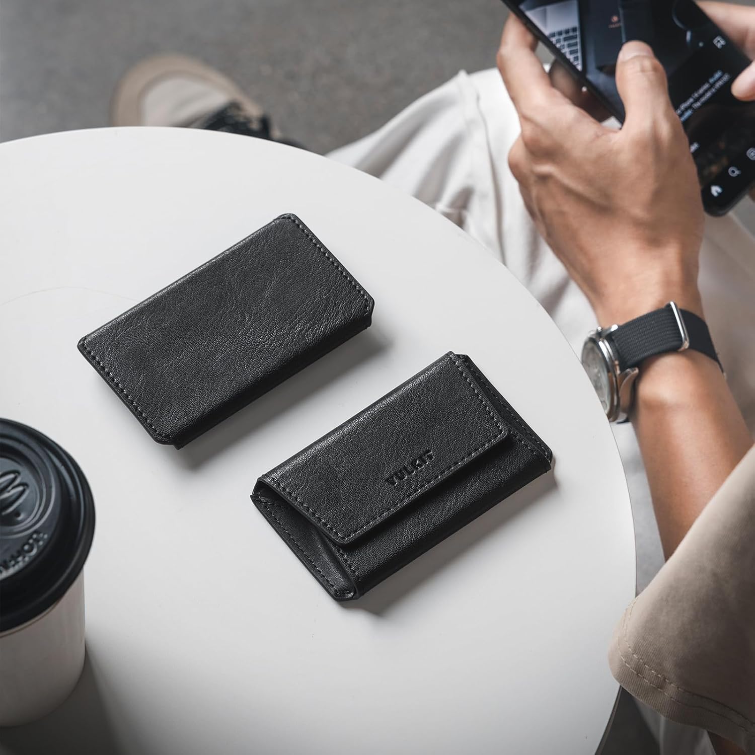 VULKIT Leather Business Card Holder Case for Men Slim Pocket Business Card Wallet Name Card Case Holder, Holds 20 Business Cards Black - Image 2