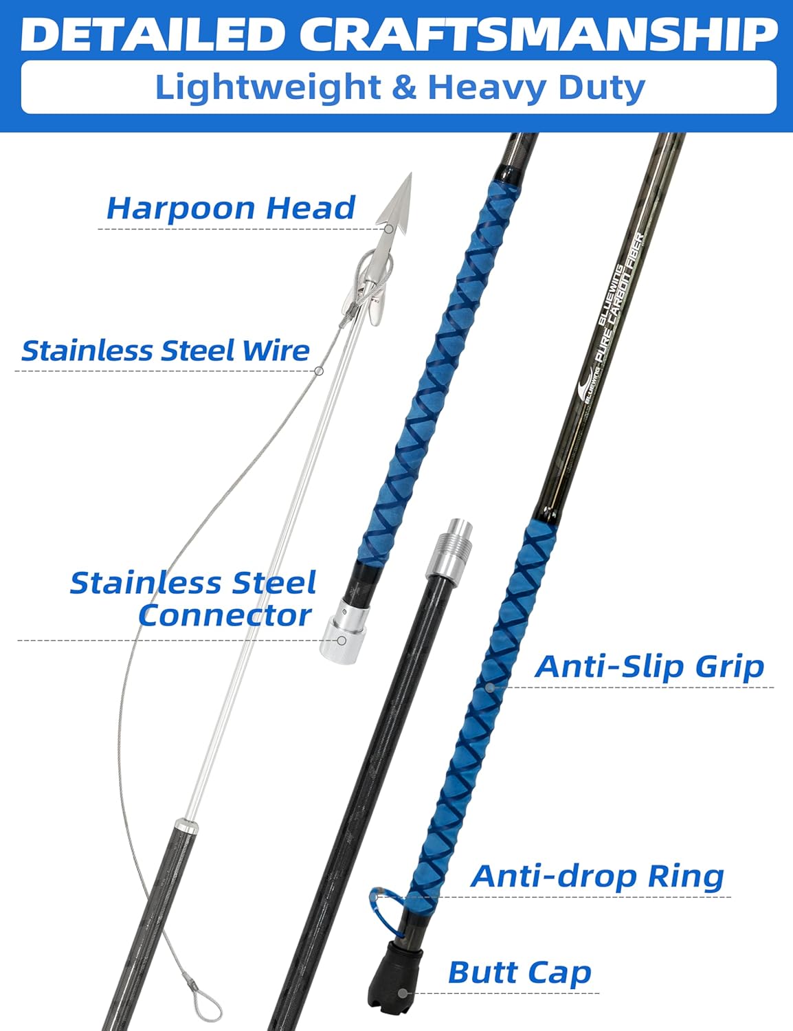 BLUEWING Front Weighted Fishing Harpoon Carbon Fiber Lightweight Spearfishing Pole 8ft/ 12ft/ 16ft Heavy Duty Harpoon with Stainless Steel Dart for Tuna, Marlin, Swordfish