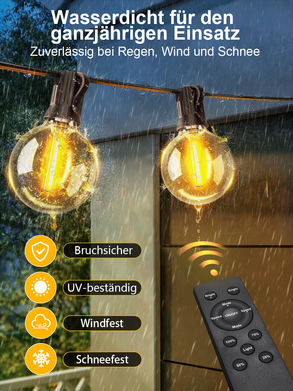 Lichterkette Outdoor 30m, G40 LED Lichterkette Außen Strom | Fernbedienung & App-Steuerung, Musik Sync, 4 Modi, Dimmbar und Timer, IP44 wetterfest, Lichterketten für Garten Balkon Party