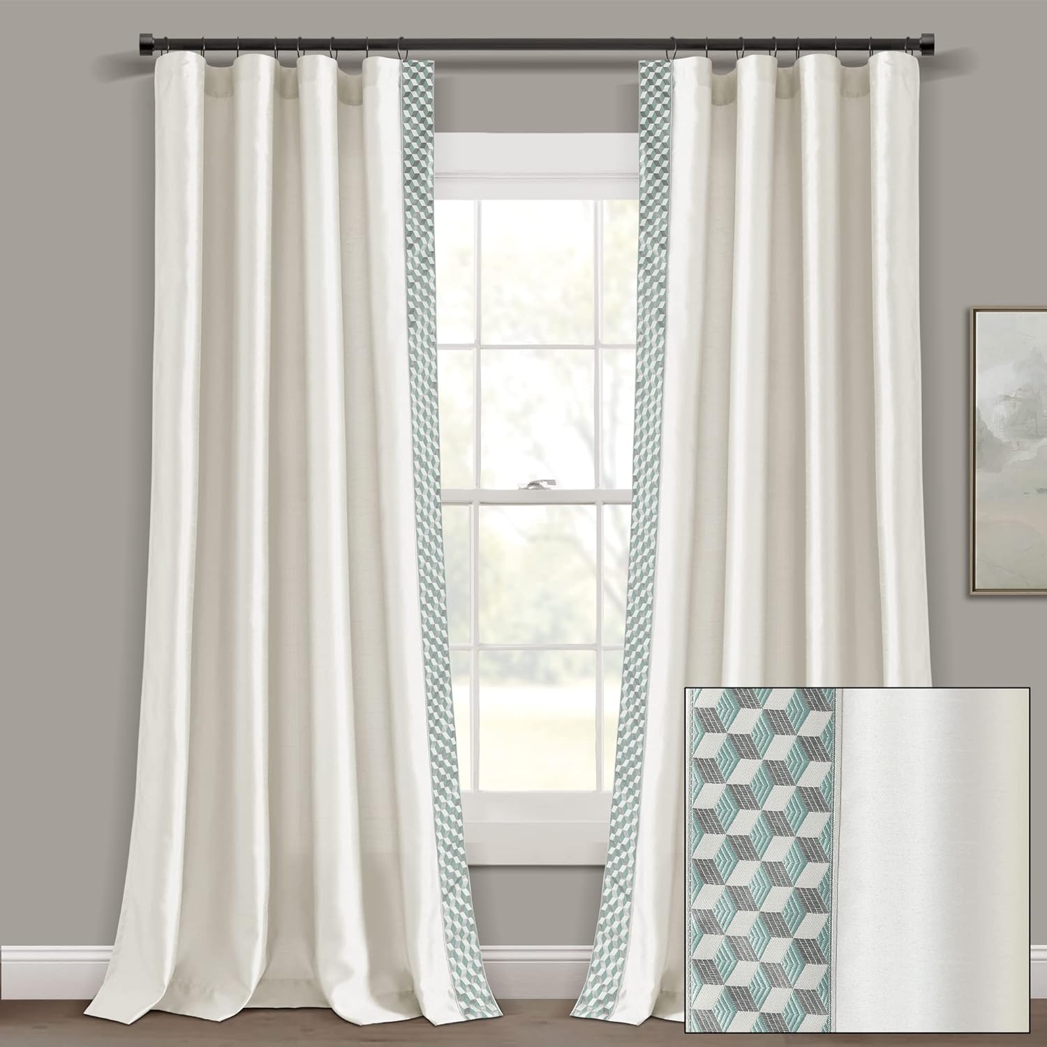 Lush Decor Luxury Mid Century Geo Faux Silk Jacquard Border Window Curtain Panel (Single), 84" L x 52" W, Ivory & Blue