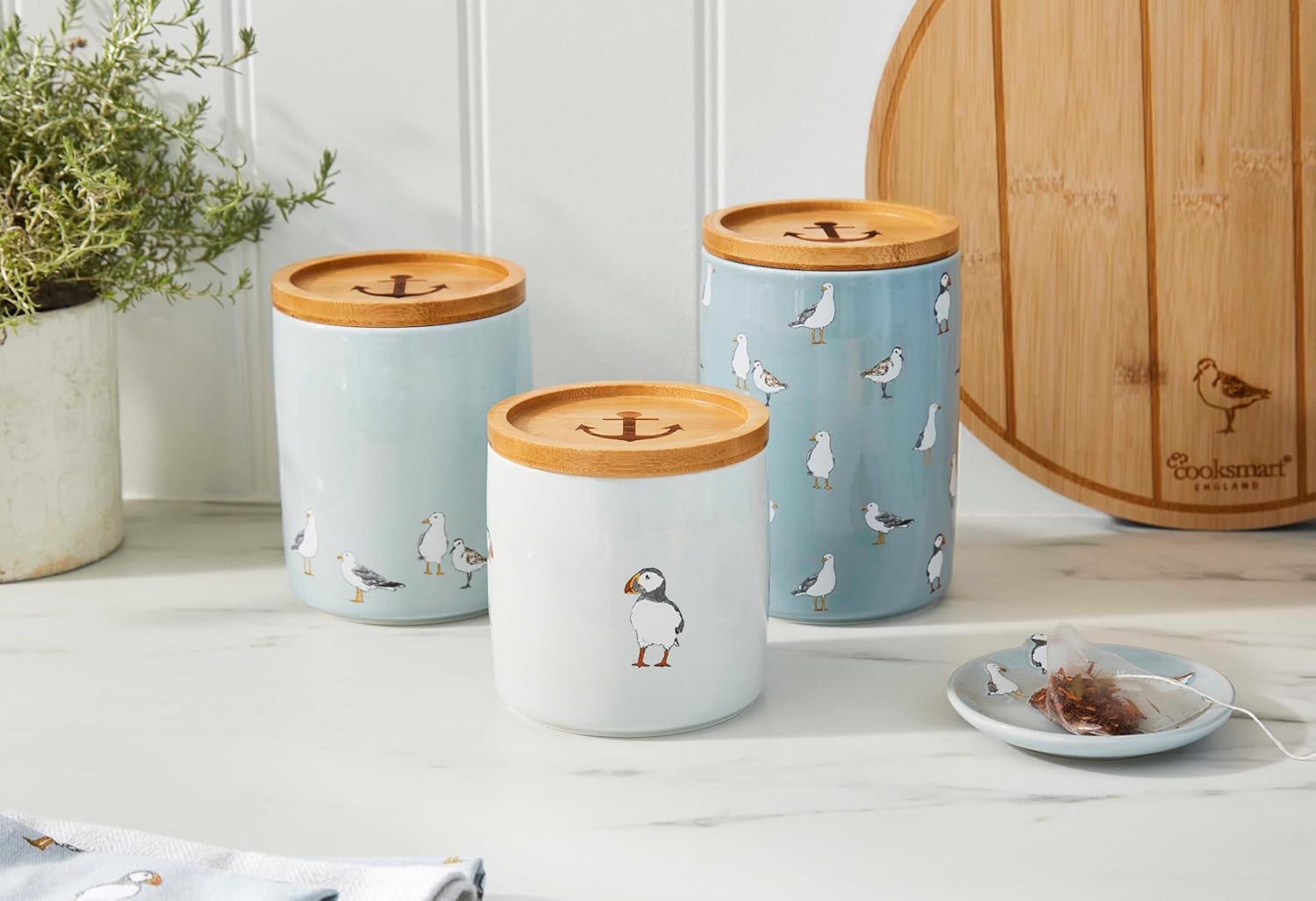 Cooksmart Stoneware Airtight Storage Jars | Storage Jars & Canisters Perfect For Pasta Storage & Rice Storage | Storage Jars With Lids For All Type Of Foods - Coastal Birds