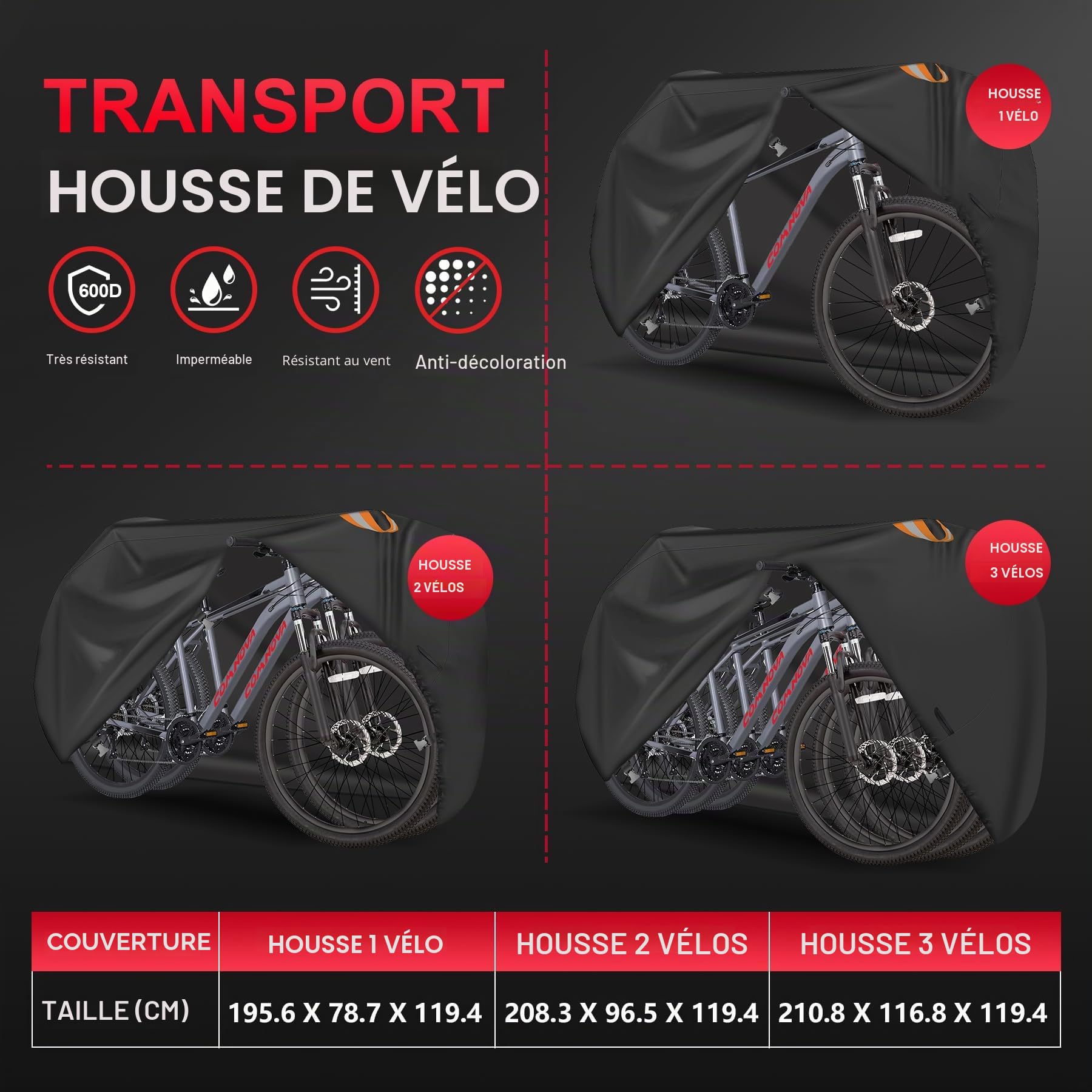 Zettum Housse de vélo pour Transport et Rangement Extérieur - Imperméable et Robuste, Revêtement PU 600D pour 3 Vélos sur Attelage de Voiture