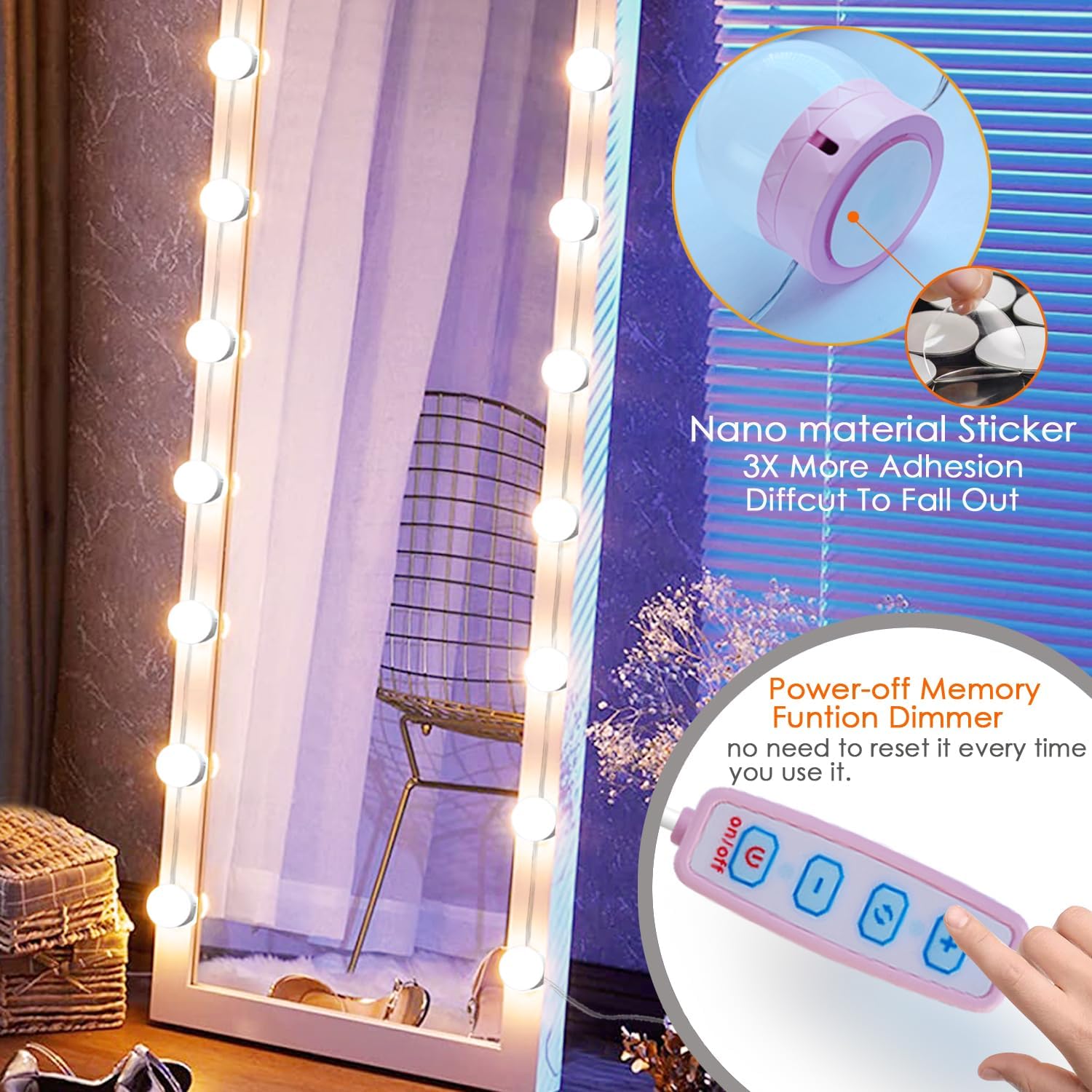 22.6ft Led Vanity Mirror Lights with 14 Dimmable Light Bulbs Makeup Vanity Lights for Big Long Mirror
