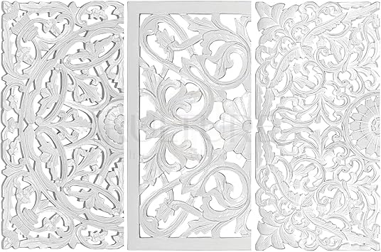 KultureDeco Personalized Set of 3 Wood Carved Wall Panels - 19.6in Square Hand Carved Mandala Wall Art, Meaningful Gift for Loved Ones, White Wash Boho Wall Decor