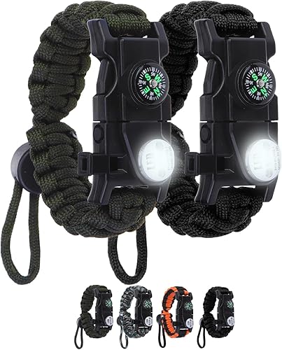 Miniatura 13 de Pulsera de cuerda de paracaídas de supervivencia ajustable, paquete de 2 kits de inicio de fuego de emergencia con silbato fuerte, brújula, luz de