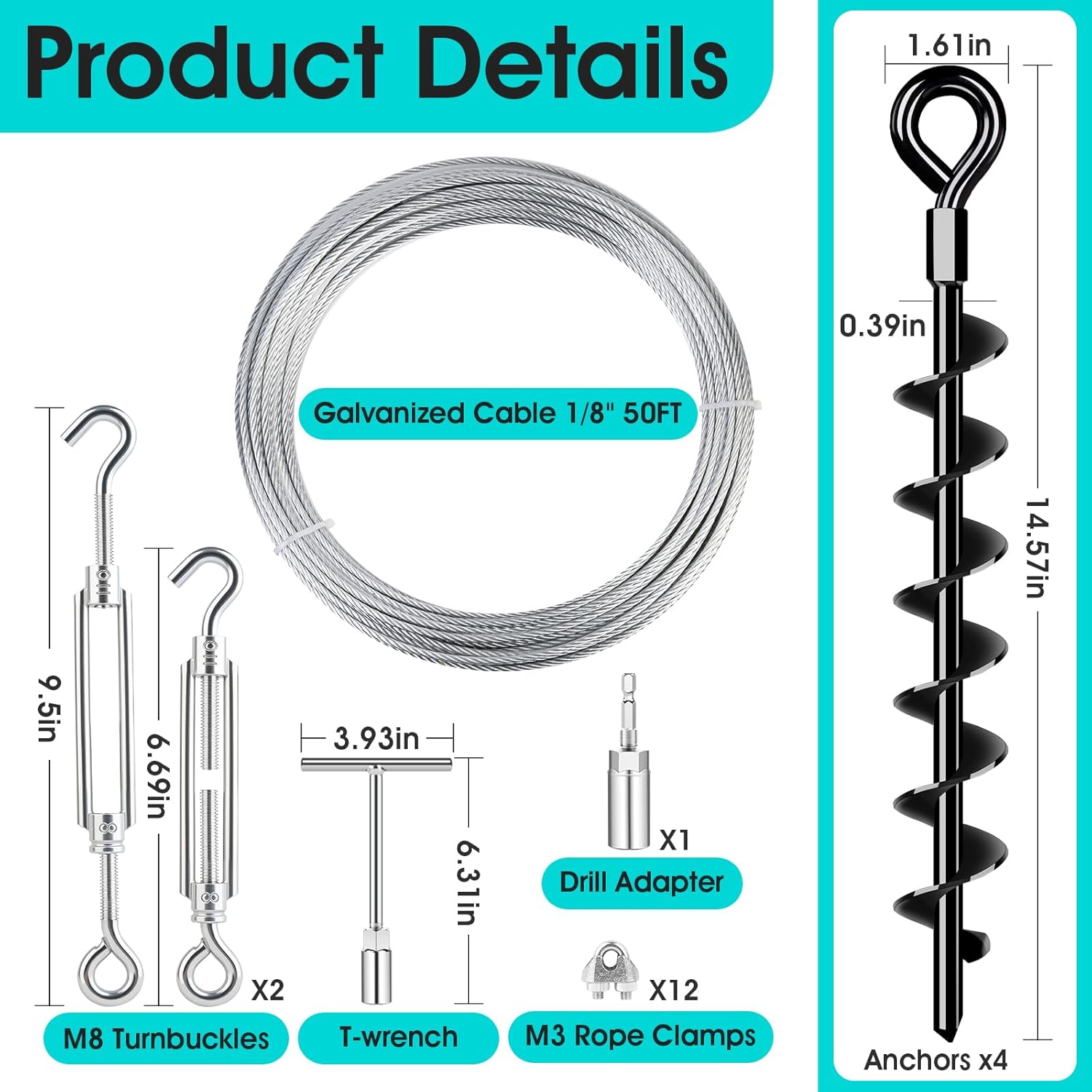 Ground Anchors Shed Anchors Kit with 1/8" Galvanized Cable and Turnbuckles, Trampoline Stakes Heavy Duty Earth Anchor for Sheds Canopy Gazebo Mobile Home Swing Set(4x15in)