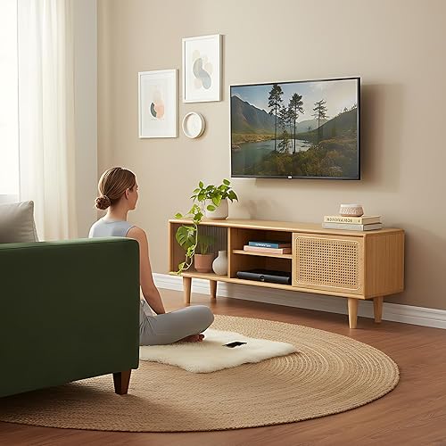 Miniatura 3 de Tiita Soporte de TV de ratán para TV de 55 pulgadas, gabinete de TV de bambú con estante ajustable y almacenamiento, centro de entretenimiento