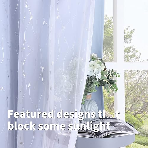 Miniatura 5 de BGment Cortinas opacas con superposición transparente, cortinas de tul plateado impreso de doble capa para sala de estar, cortinas de ventana con