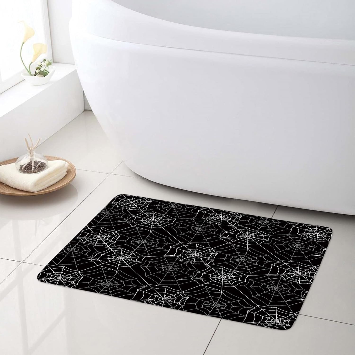 LB Halloween Shower Curtain Sets with Rugs Spider Web Decor Black Grey Fabric Shower Curtain with Hooks Black and White Bathroom Curtains Shower Set, 72x72 inches