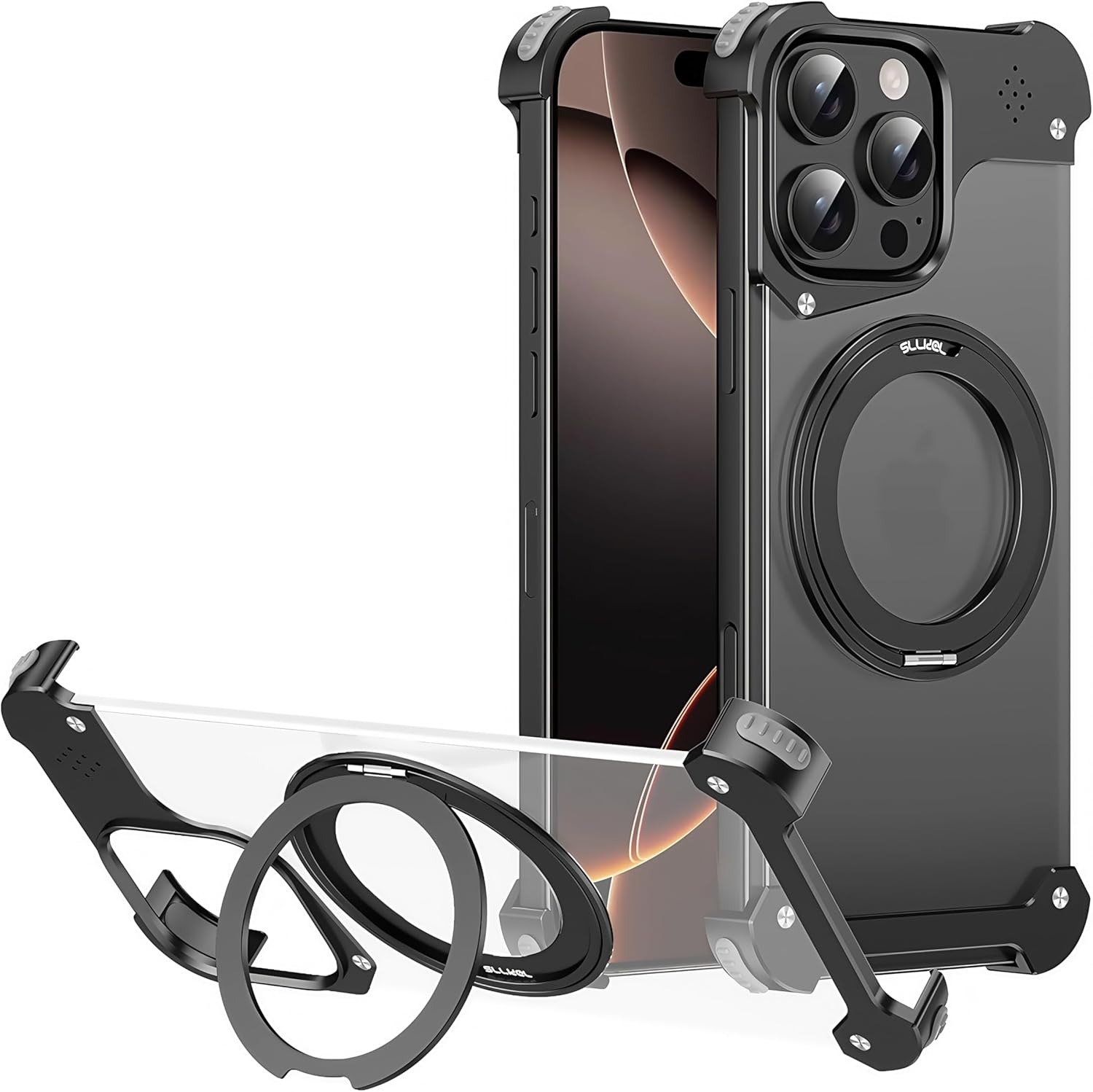 for MagSafe iPhone 15 Pro Max Frameless Case, 360° Magnetic Ring Kickstand, Minimalist Slim Metal Frame, Ultra-Thin Lightweight, Military-Grade Protection. Black