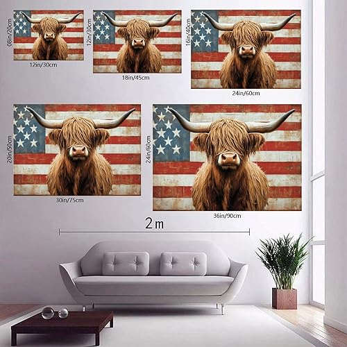 Miniatura 4 de JDBeehpy Arte de pared de vaca de las tierras altas de granja, bandera americana, sin marco, póster patriótico para el Día de la Independencia del 4